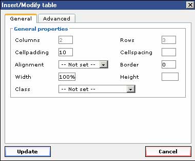 Table dialog screen clipping